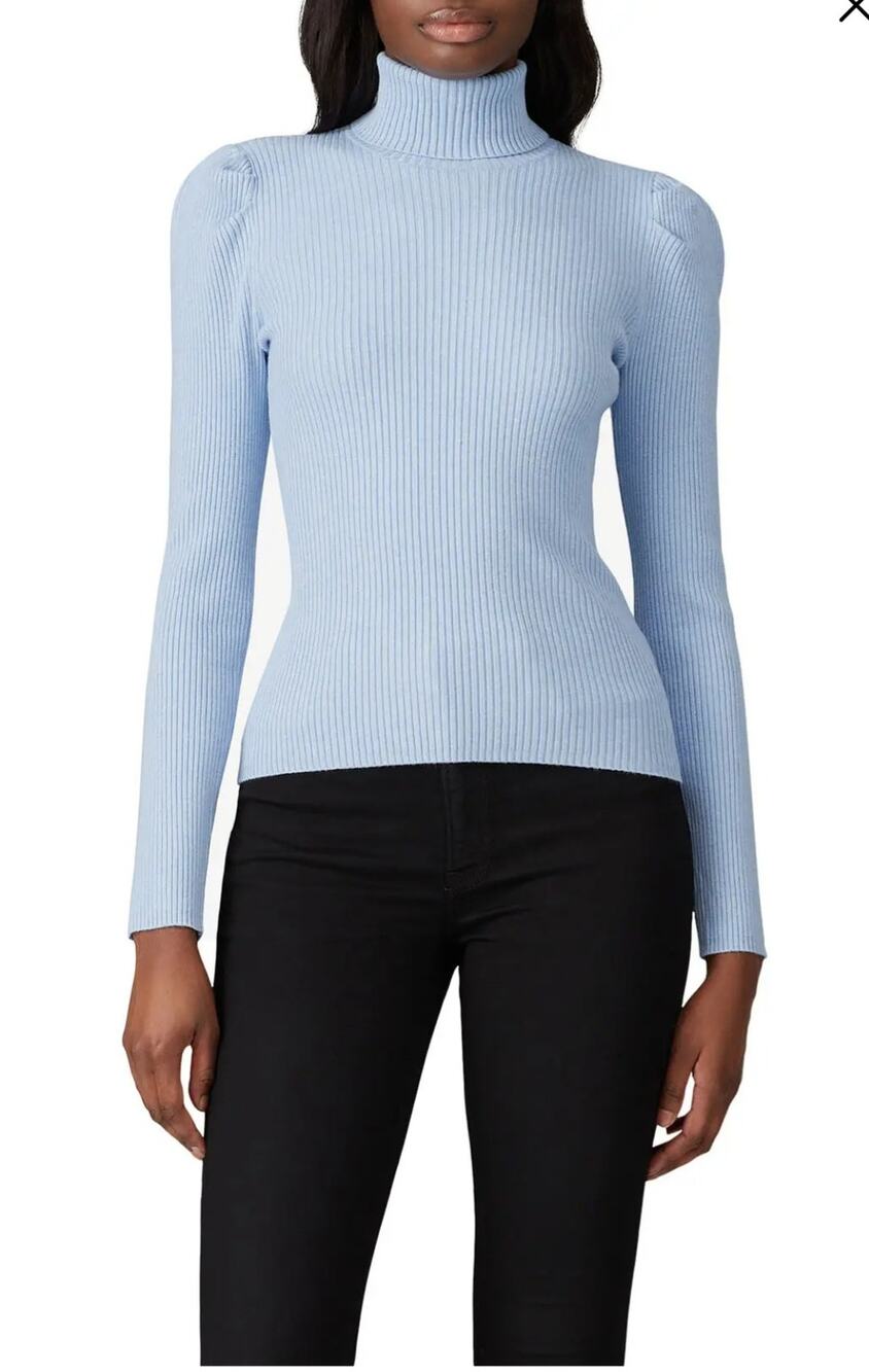 525 America womens blue ribbed puff shoulder long sleeved turtleneck sweater Med